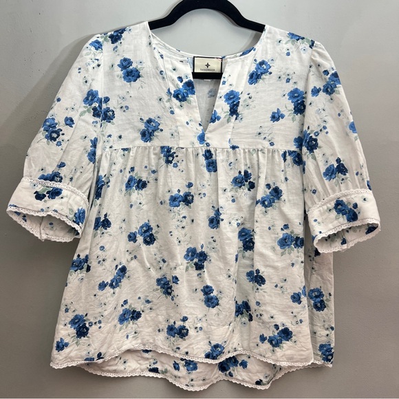 Tuckernuck Linen Floral Blouse, Size Medium - Picture 1 of 7